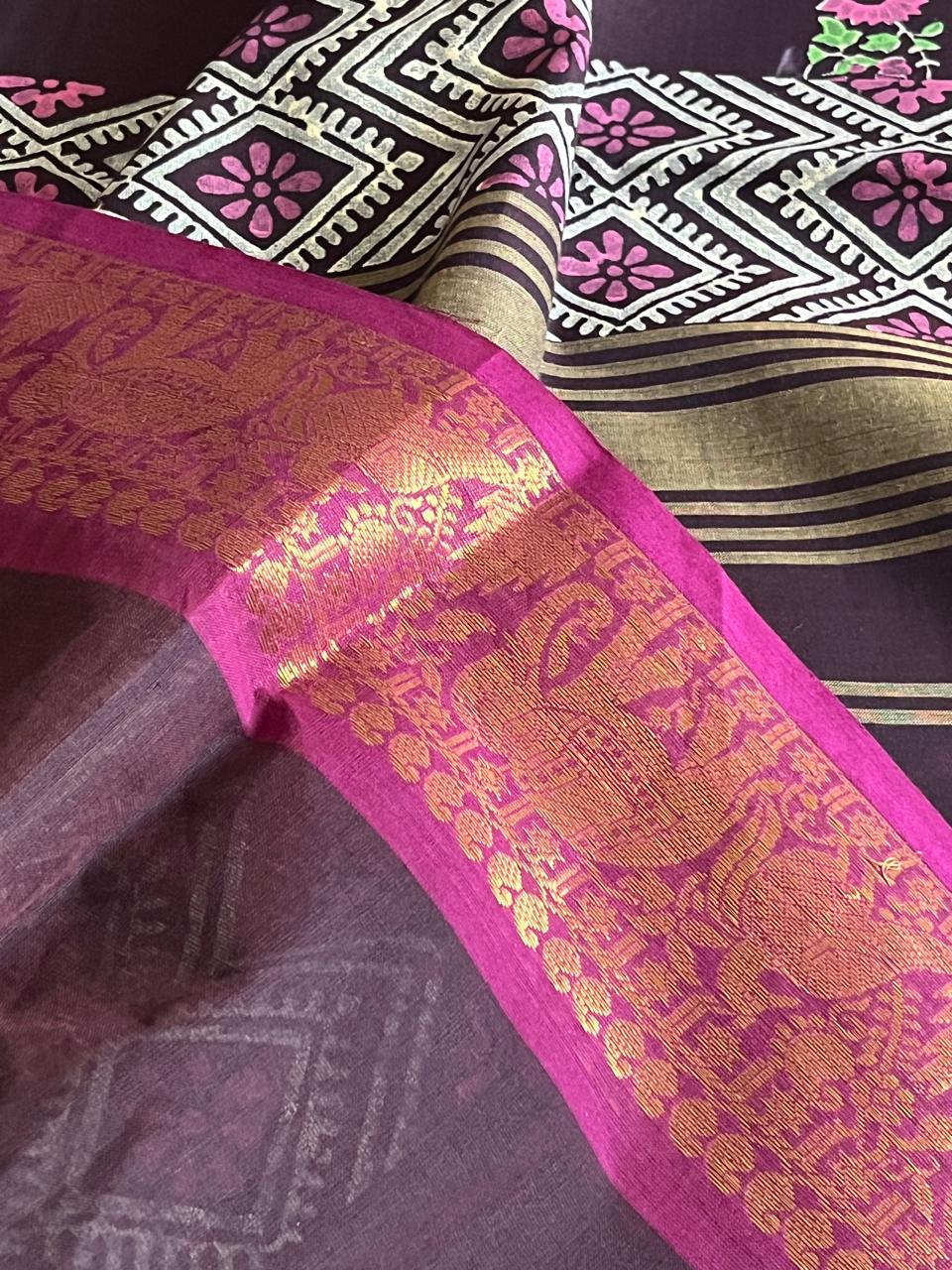 Chettinad Cotton Saree with Resham Border and Handblock Print