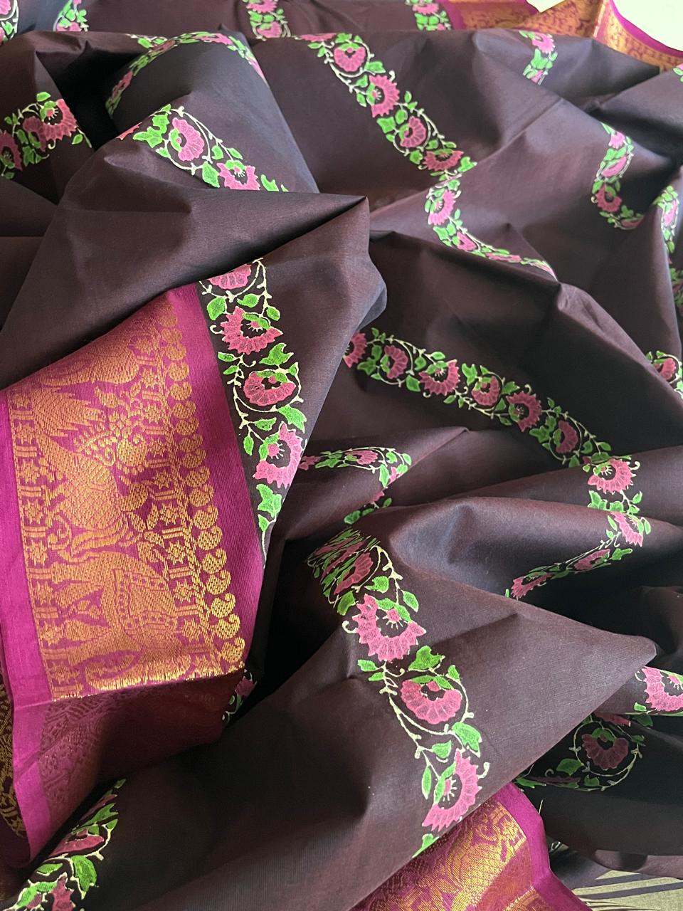 Chettinad Cotton Saree with Resham Border and Handblock Print