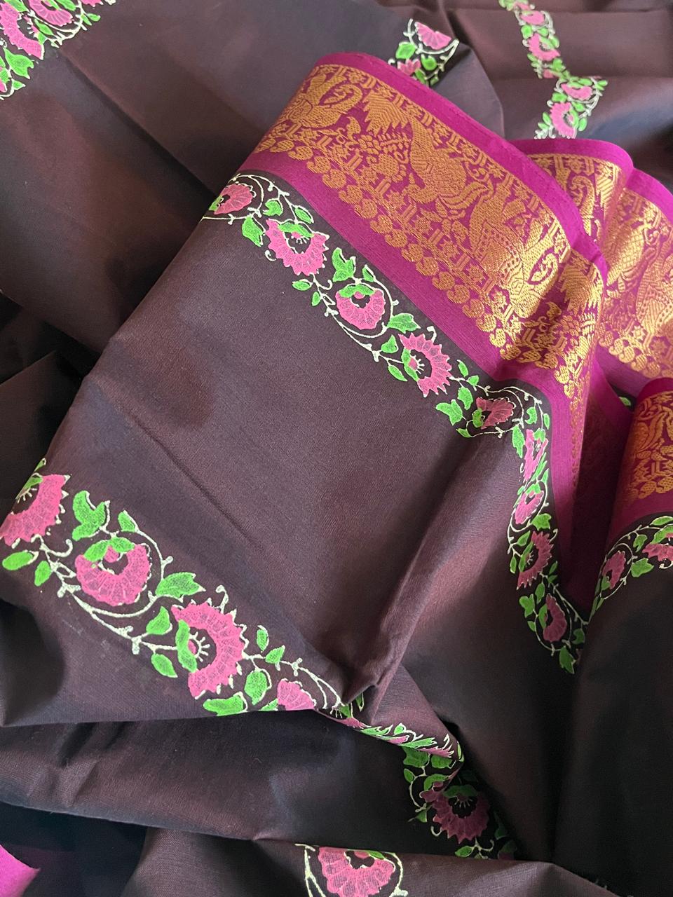 Chettinad Cotton Saree with Resham Border and Handblock Print