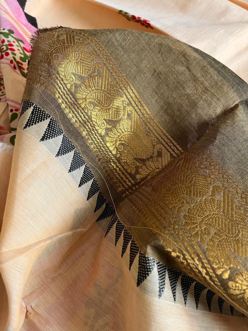 Chettinad Cotton Saree with Resham Border and Handblock Print