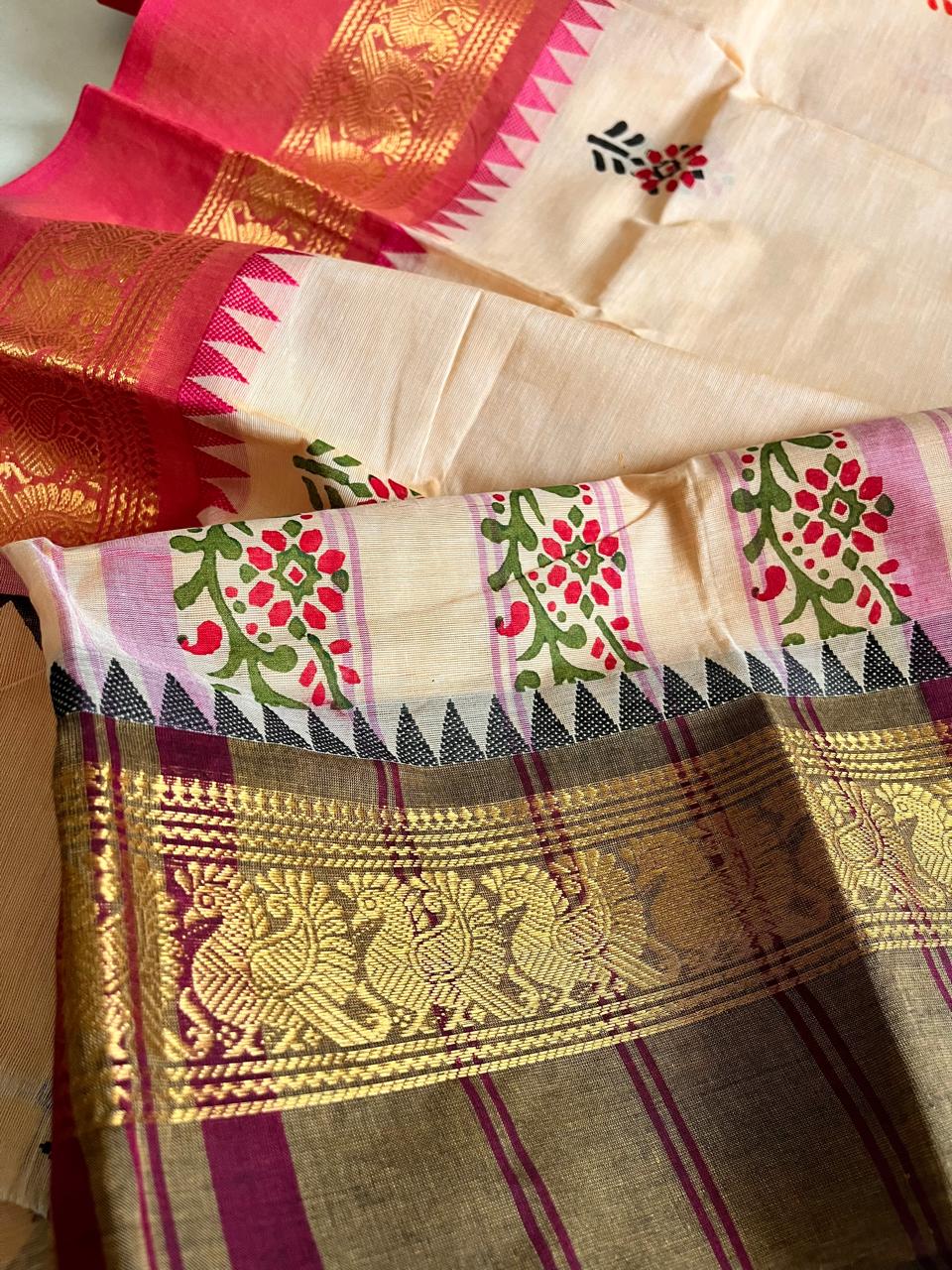Chettinad Cotton Saree with Resham Border and Handblock Print
