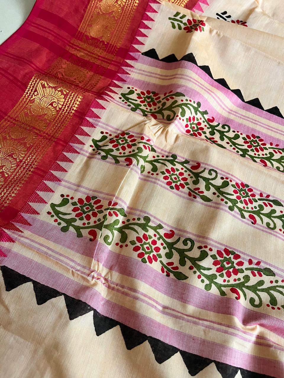 Chettinad Cotton Saree with Resham Border and Handblock Print