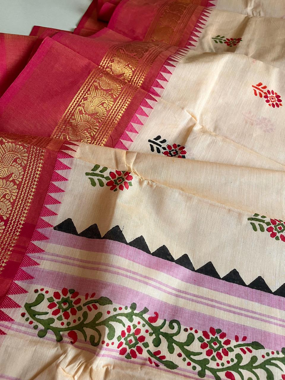 Chettinad Cotton Saree with Resham Border and Handblock Print