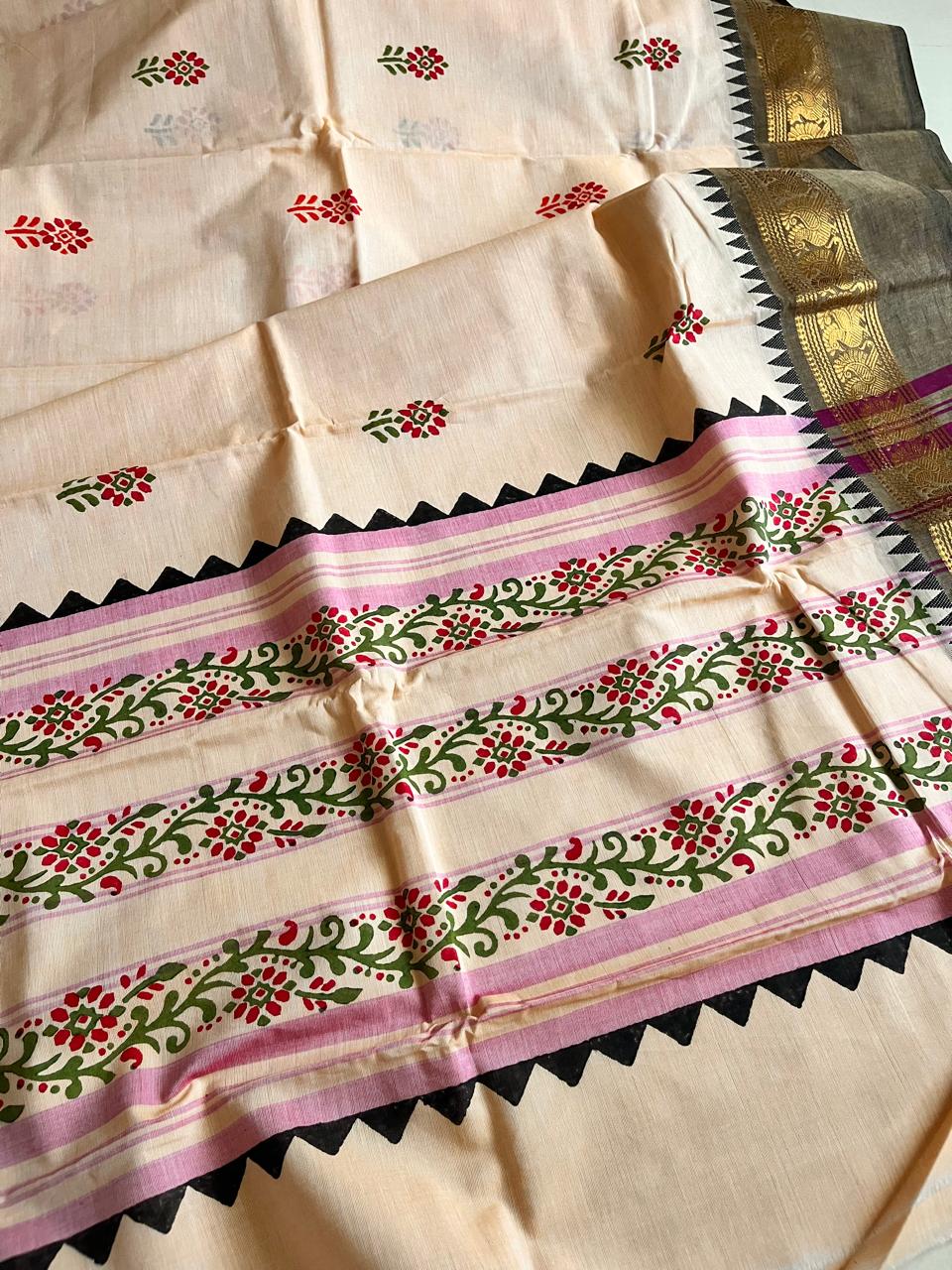 Chettinad Cotton Saree with Resham Border and Handblock Print