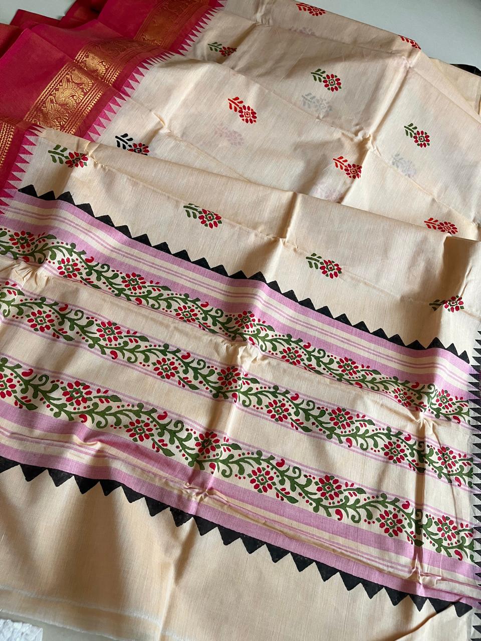 Chettinad Cotton Saree with Resham Border and Handblock Print