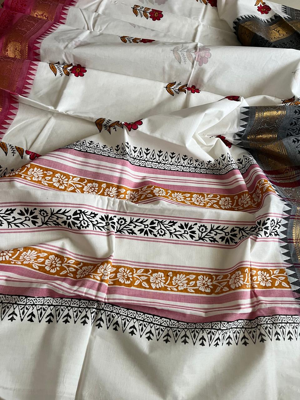 Chettinad Cotton Saree with Resham Border and Handblock Print