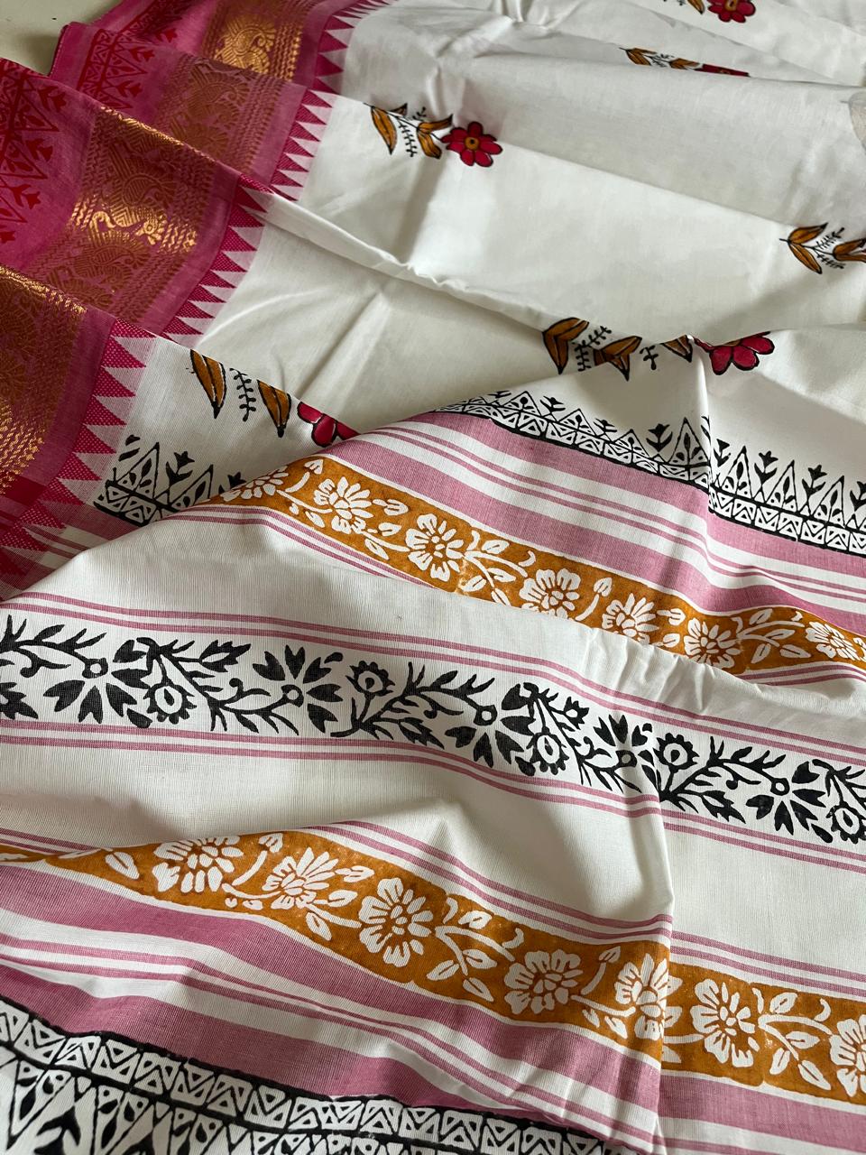 Chettinad Cotton Saree with Resham Border and Handblock Print