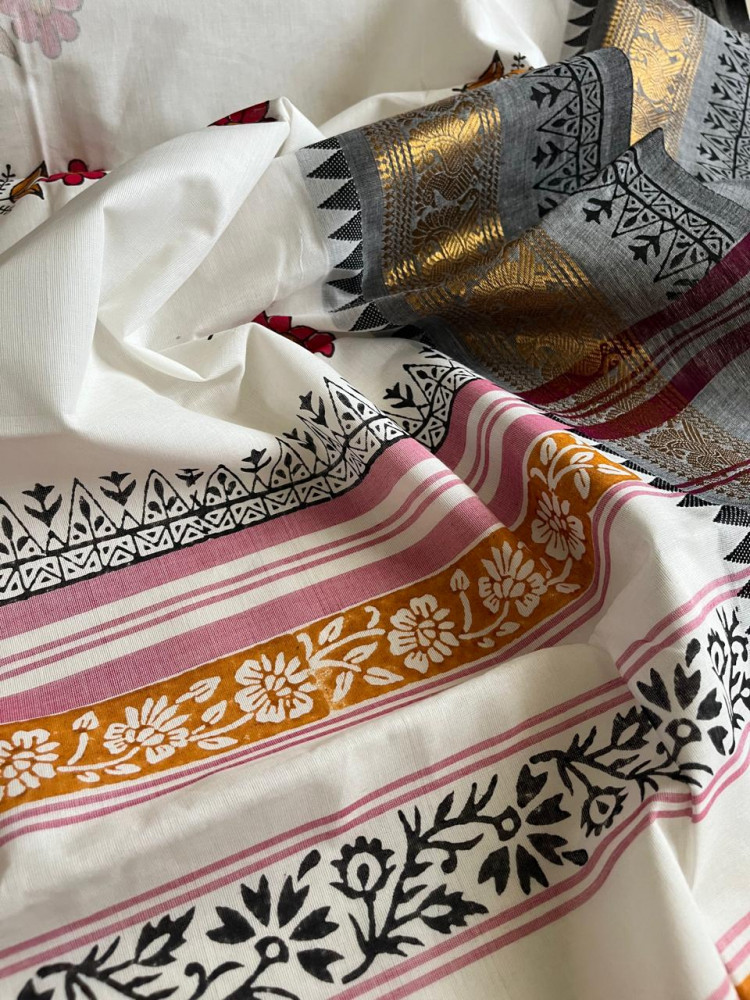 Image of Chettinad Cotton Saree with Resham Border and Handblock Print