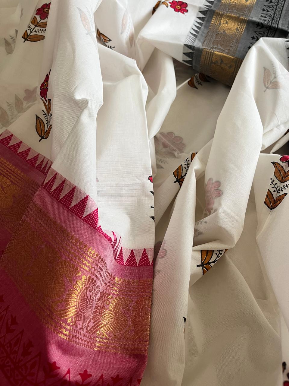 Chettinad Cotton Saree with Resham Border and Handblock Print