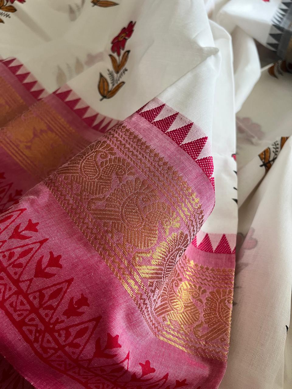 Chettinad Cotton Saree with Resham Border and Handblock Print