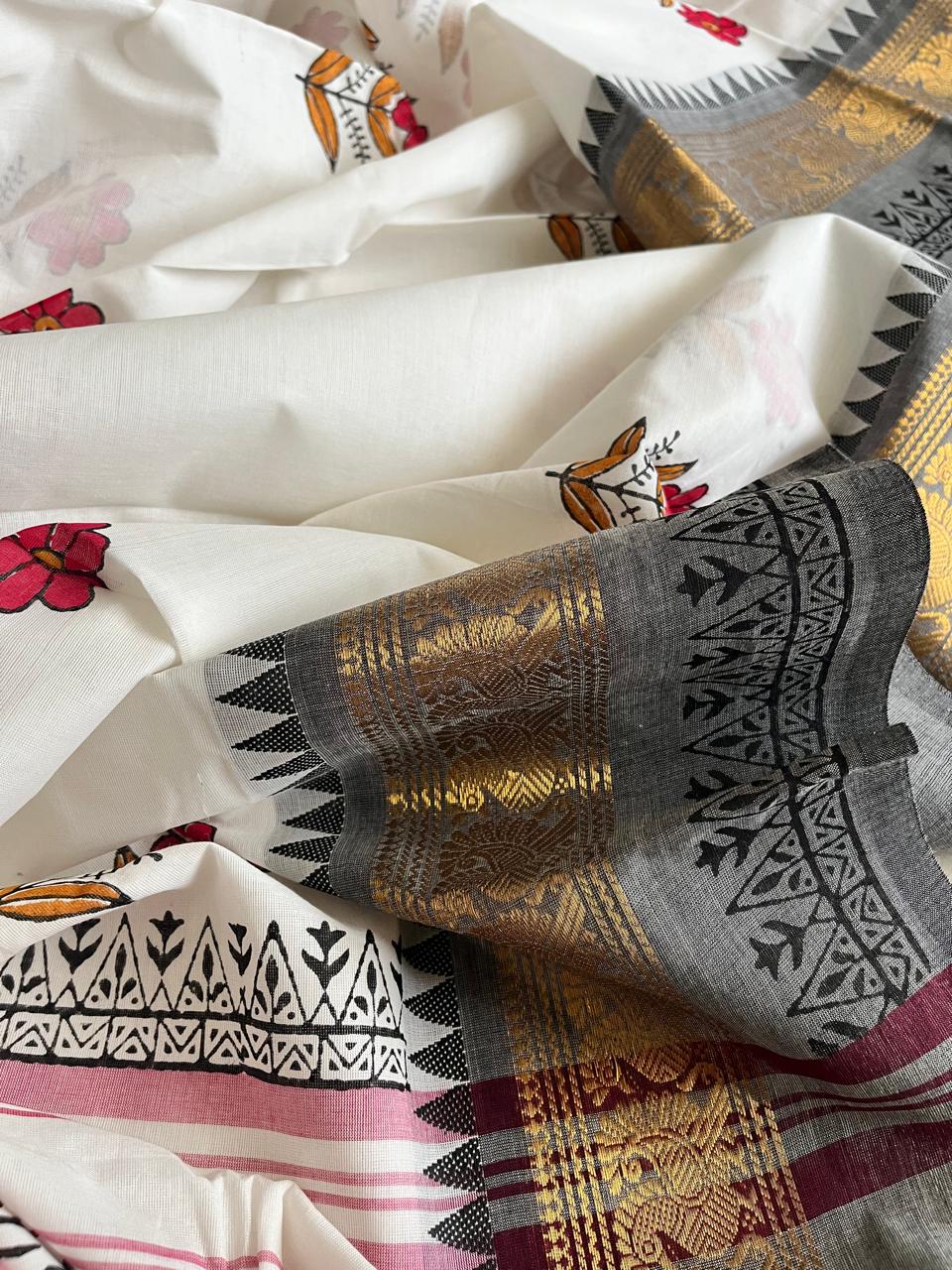 Chettinad Cotton Saree with Resham Border and Handblock Print