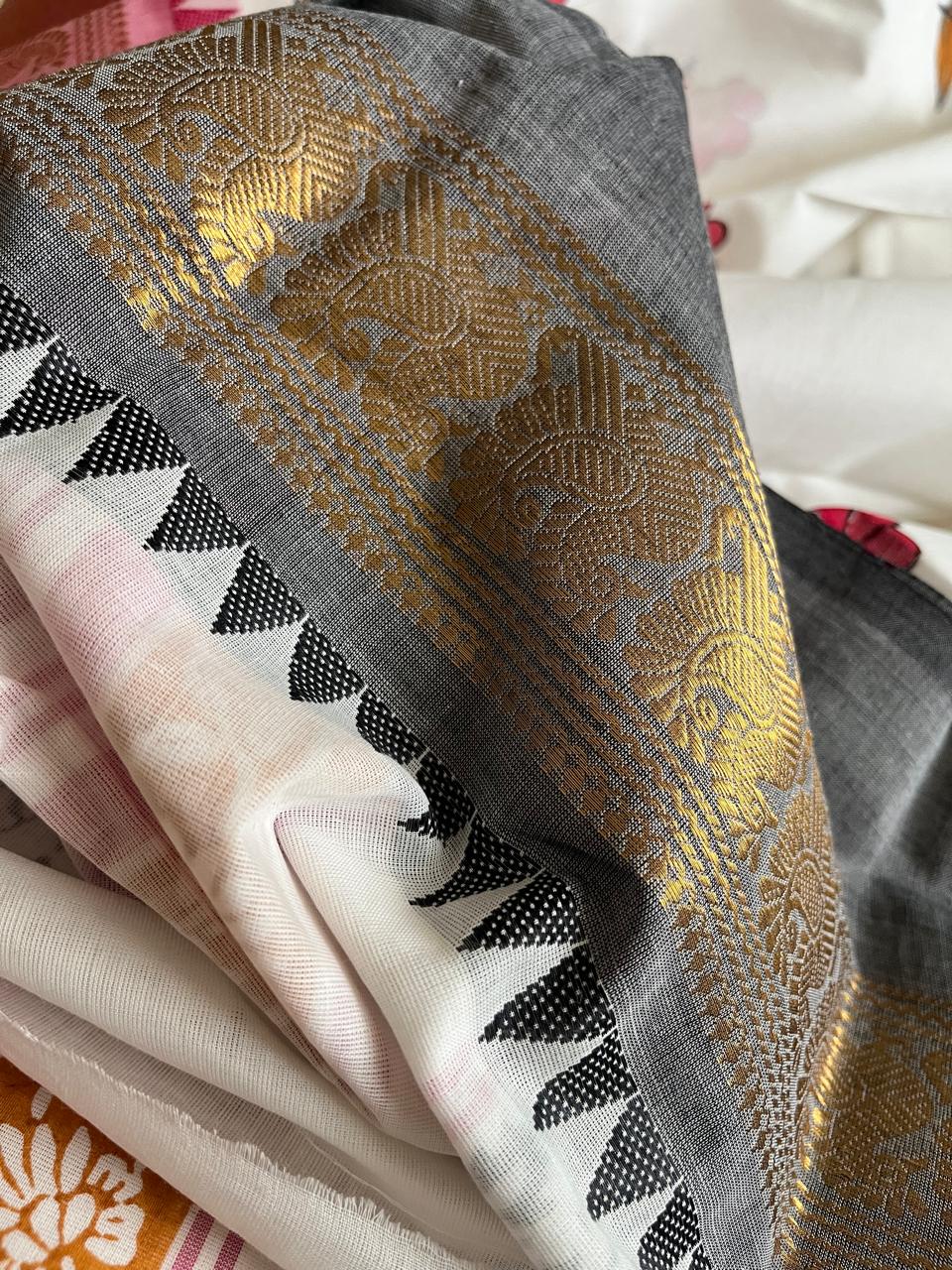 Chettinad Cotton Saree with Resham Border and Handblock Print