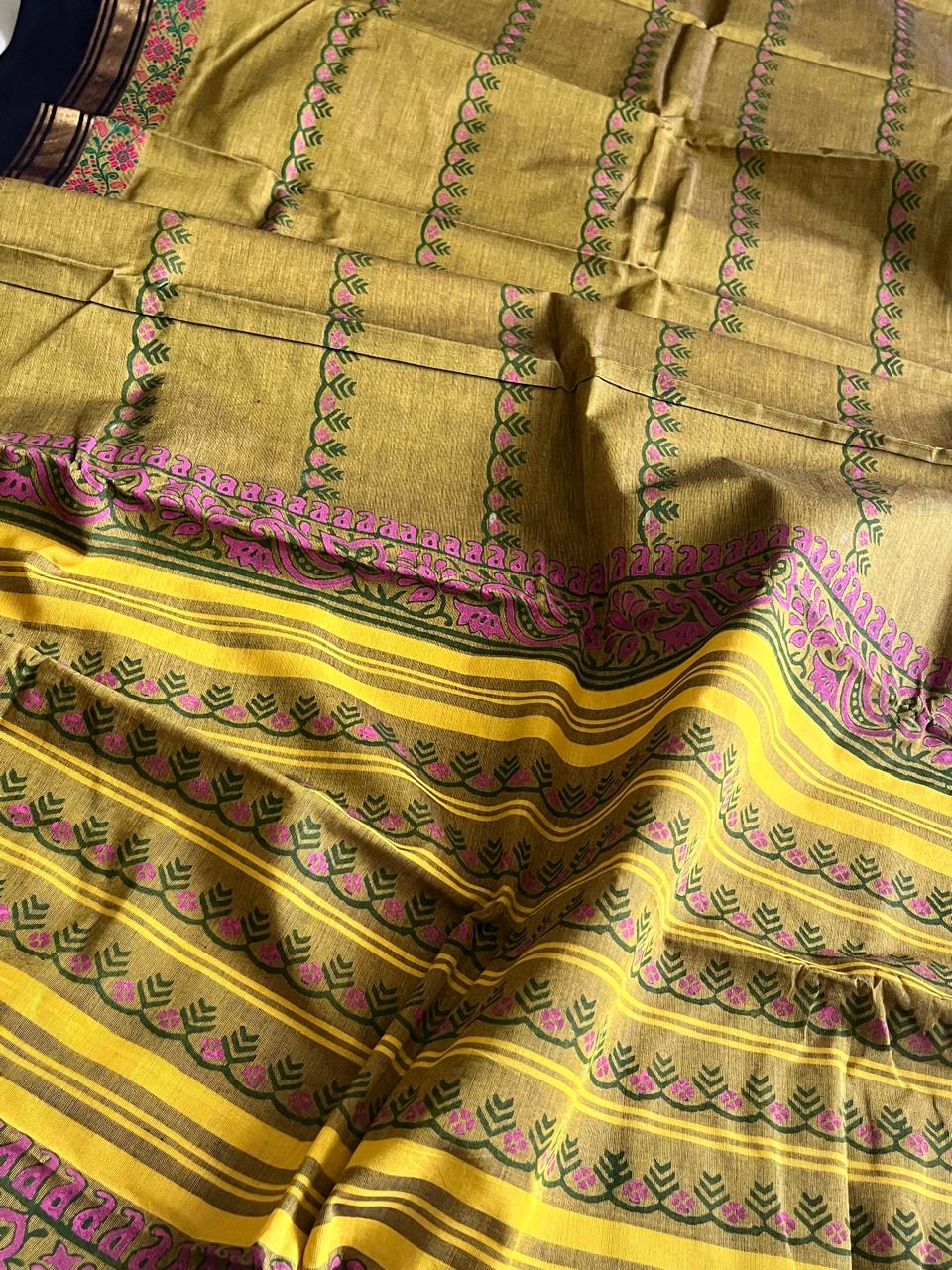 Chettinad Cotton Saree with Resham Border and Handblock Print