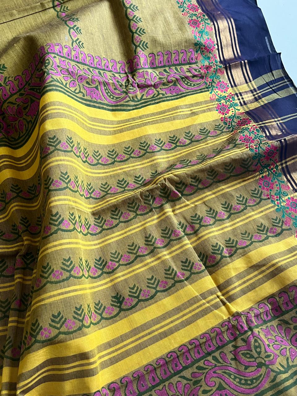 Chettinad Cotton Saree with Resham Border and Handblock Print