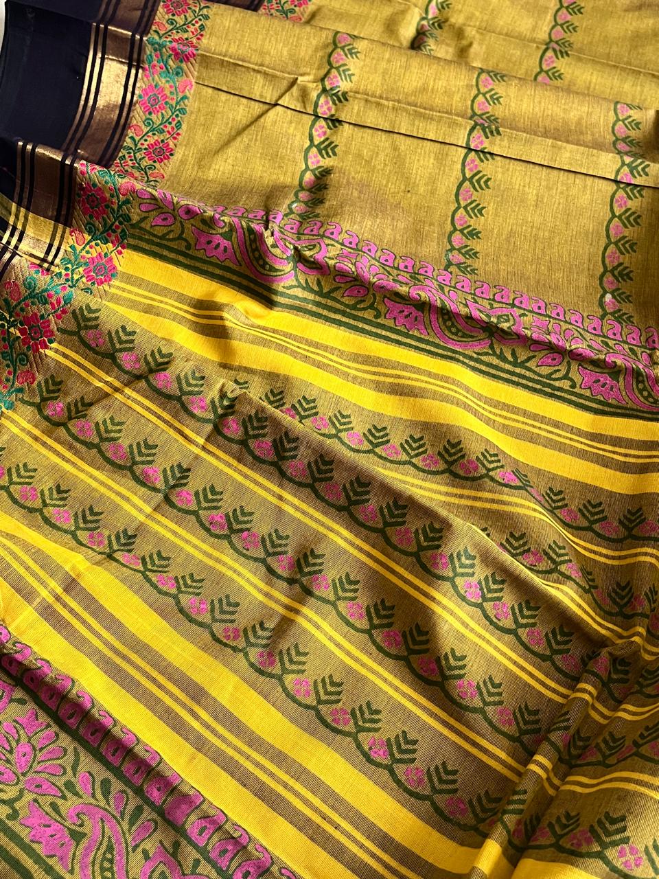 Chettinad Cotton Saree with Resham Border and Handblock Print