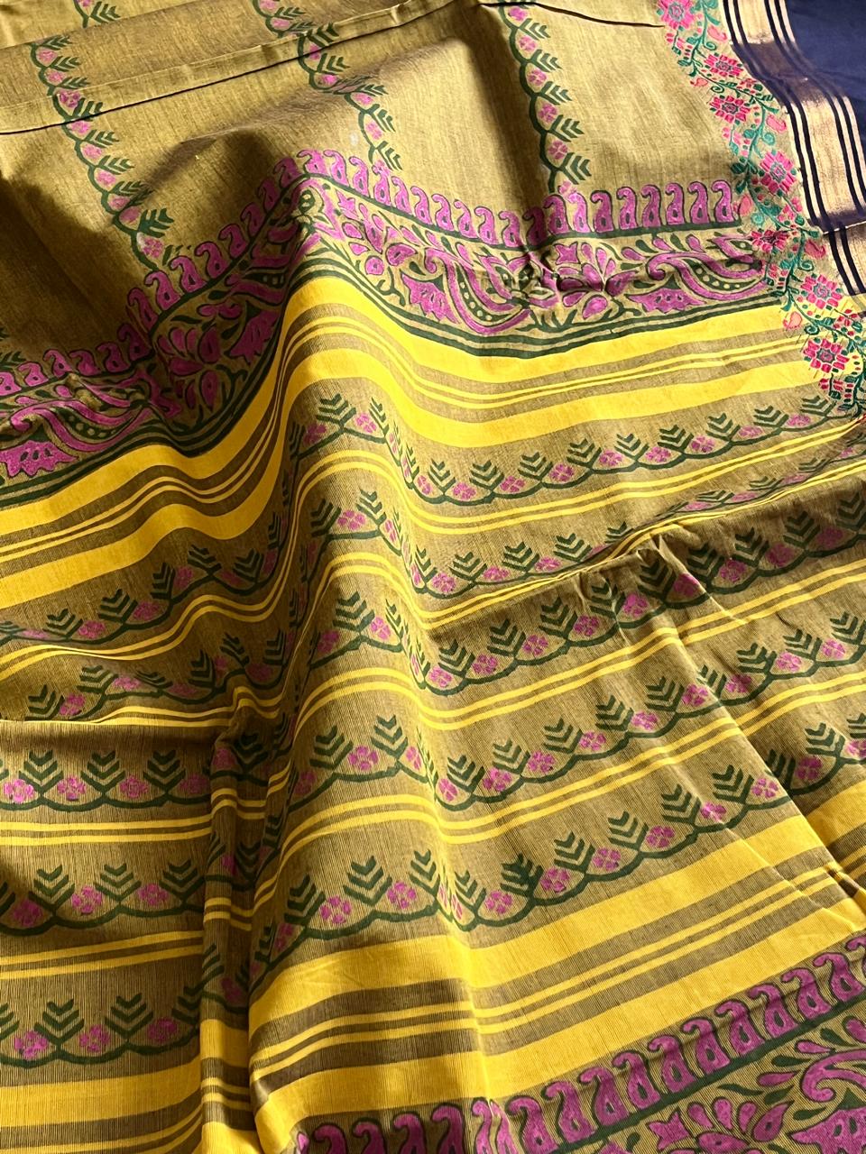 Chettinad Cotton Saree with Resham Border and Handblock Print