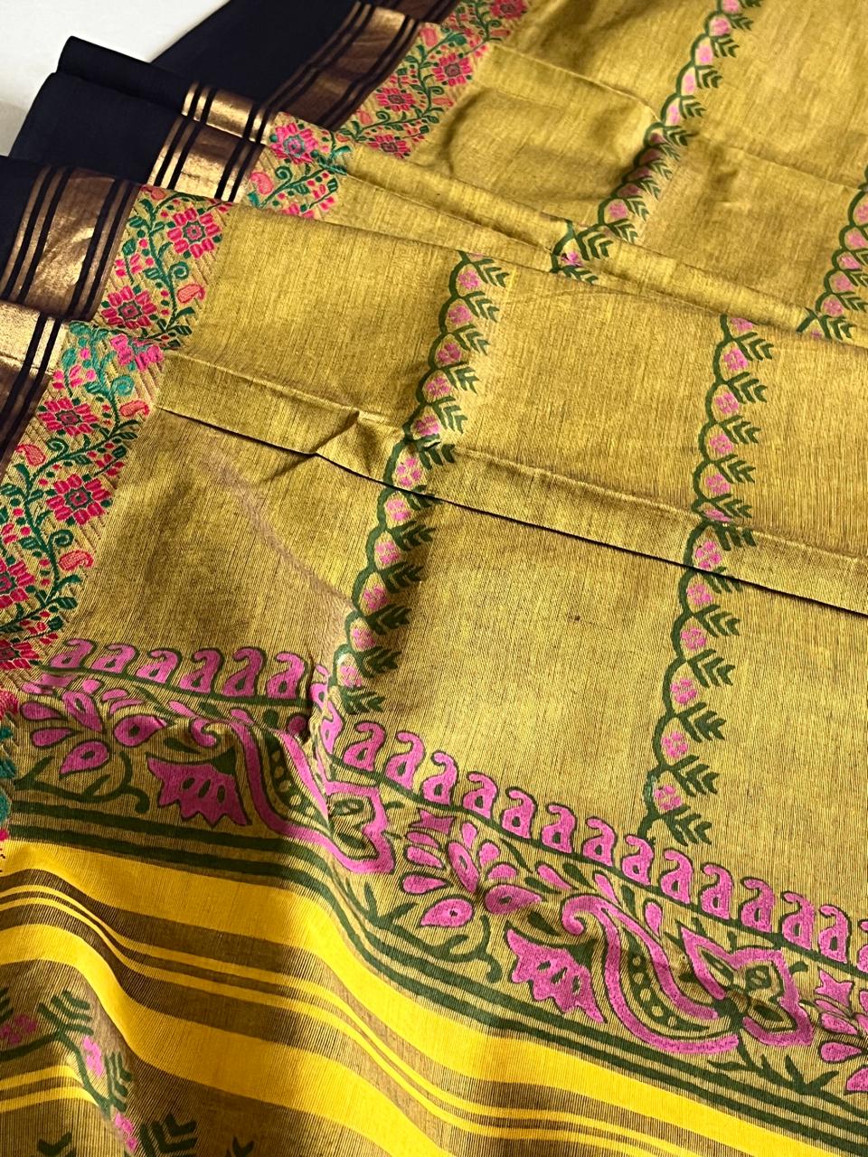 Chettinad Cotton Saree with Resham Border and Handblock Print