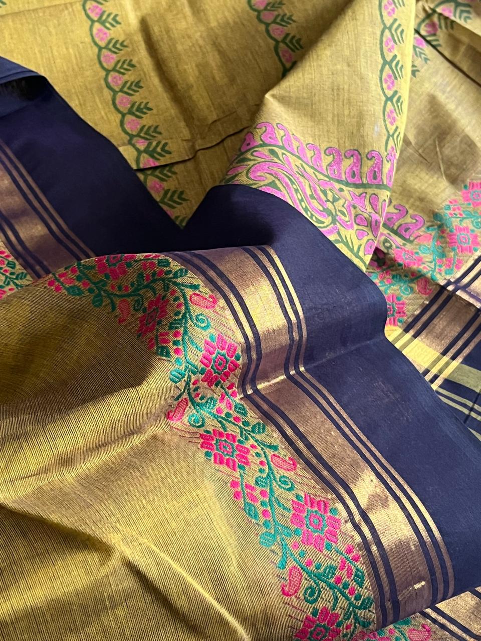 Chettinad Cotton Saree with Resham Border and Handblock Print