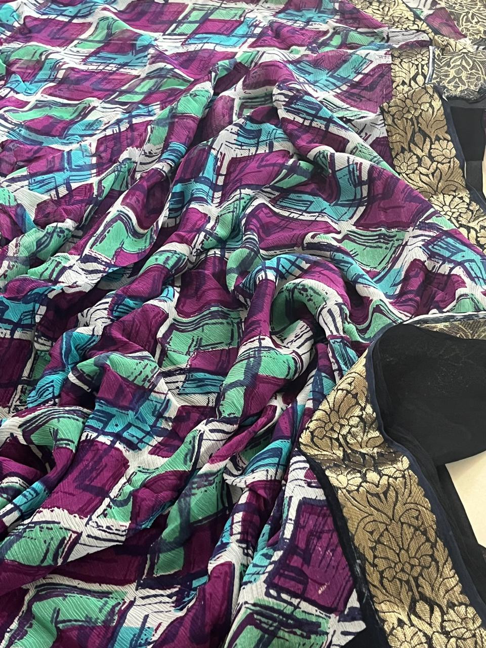 Chiffon Digital Geometric Print Saree - Purple