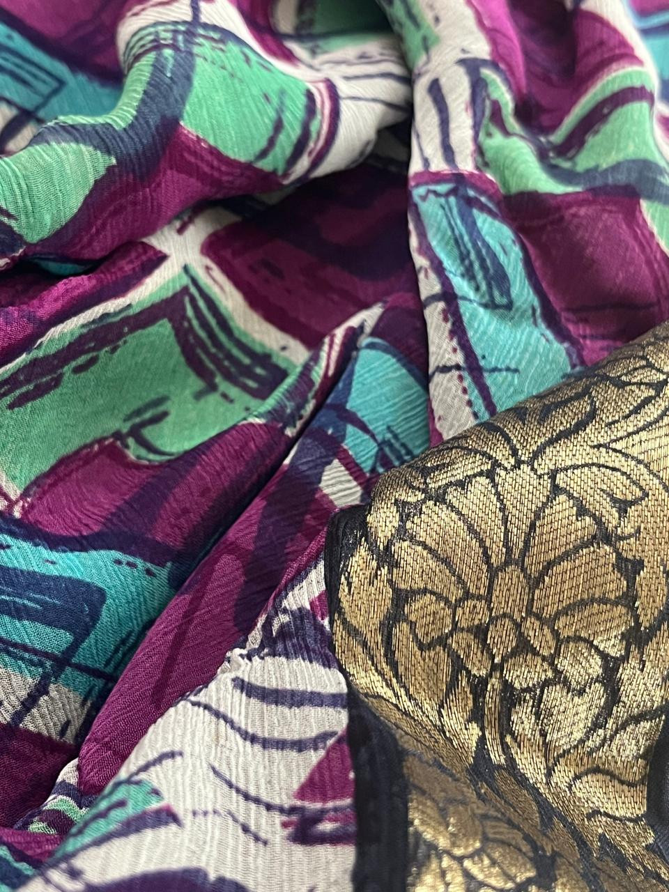 Chiffon Digital Geometric Print Saree - Purple
