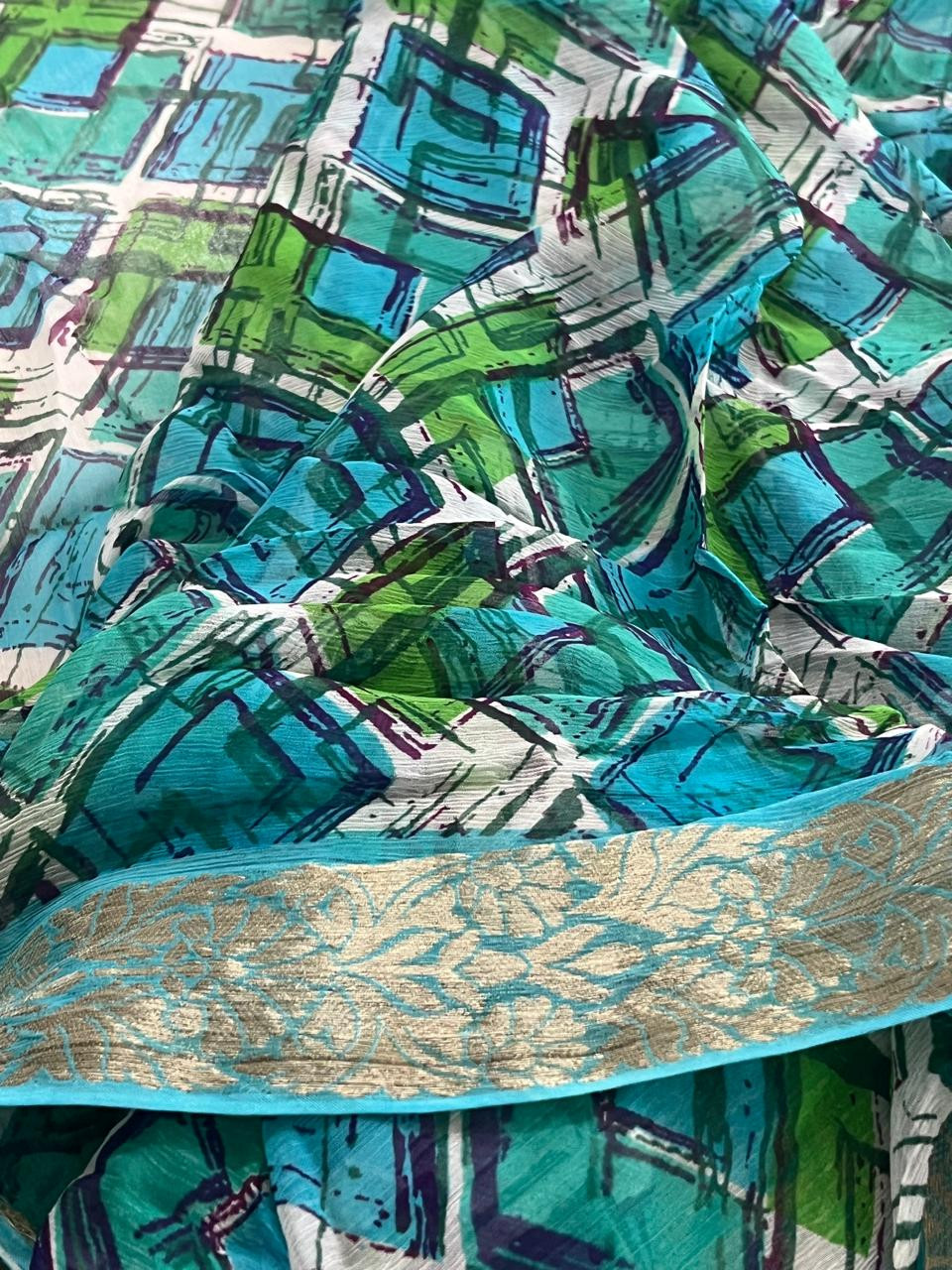 Chiffon Digital Geometric Print Saree - Blue