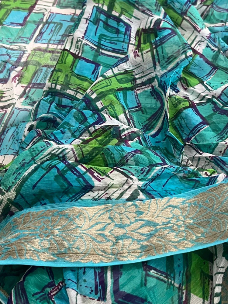 Image of Chiffon Digital Geometric Print Saree  - Blue