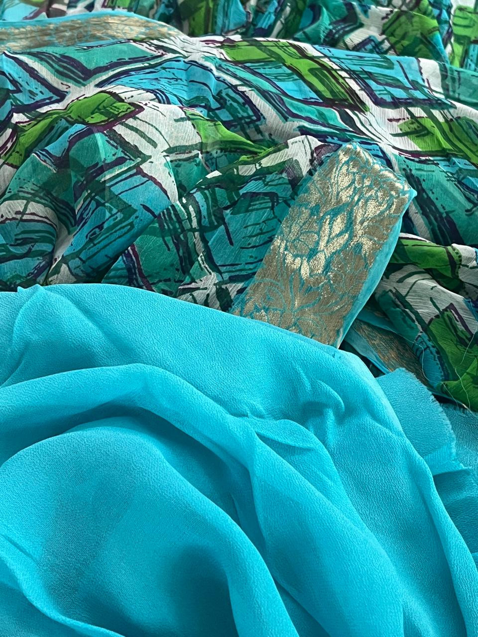 Chiffon Digital Geometric Print Saree - Blue