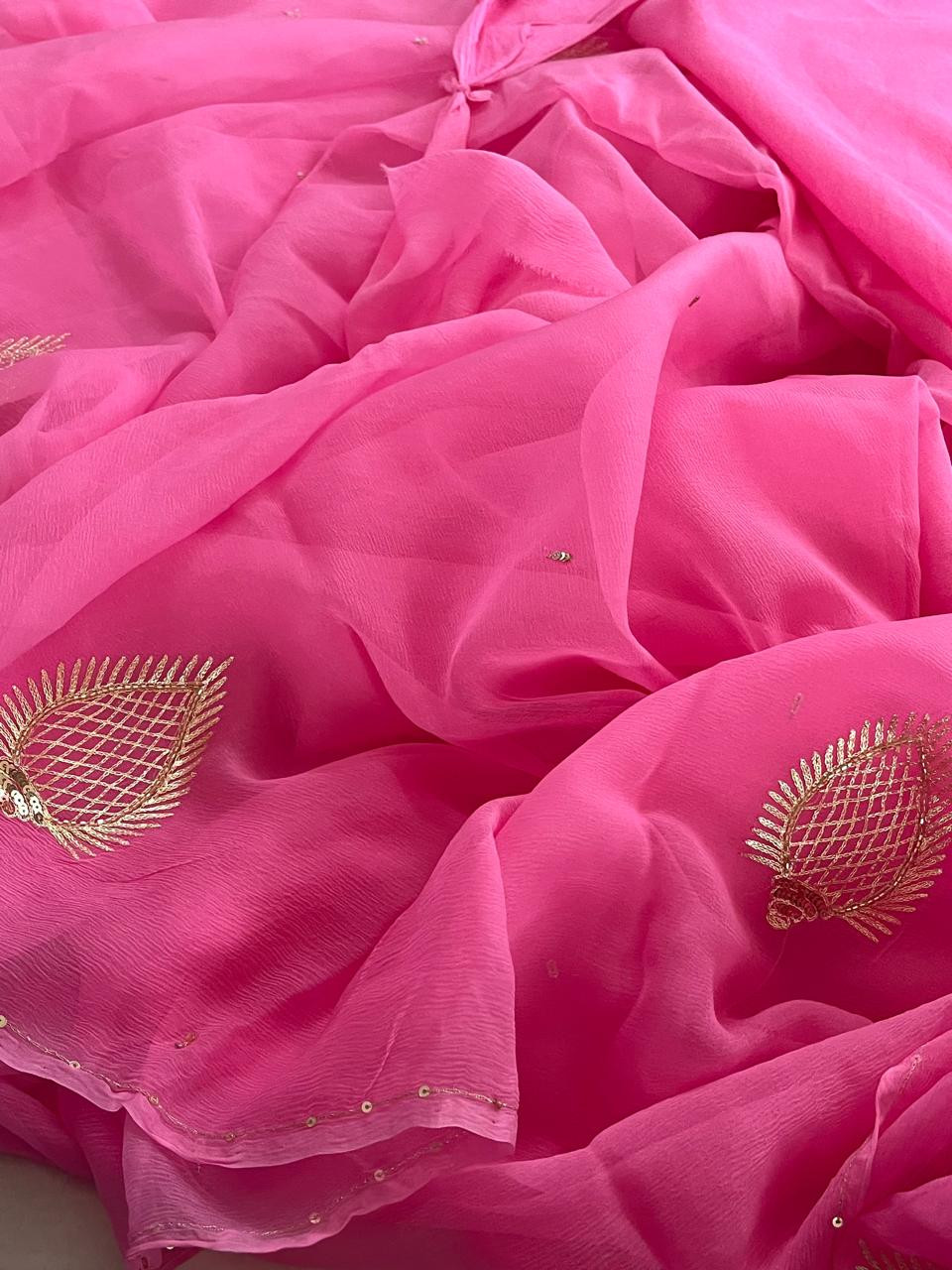 Pure Chiffon Emboridery  Saree  - Pink