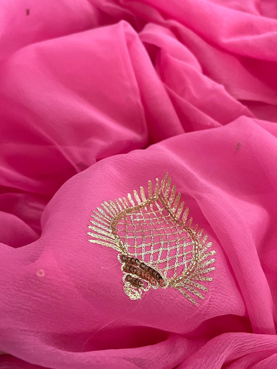 Pure Chiffon Emboridery  Saree  - Pink