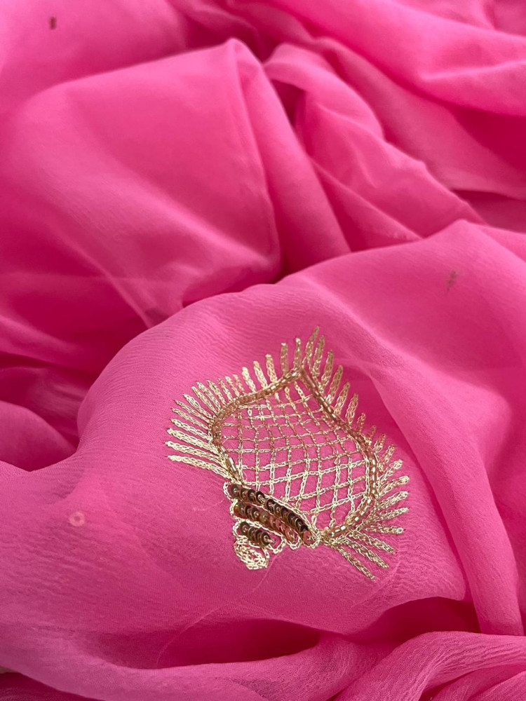 Image of Pure Chiffon Emboridery  Saree  - Pink