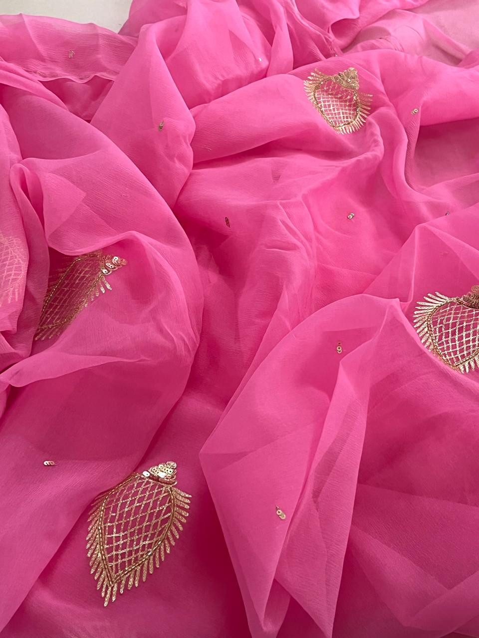 Pure Chiffon Emboridery  Saree  - Pink