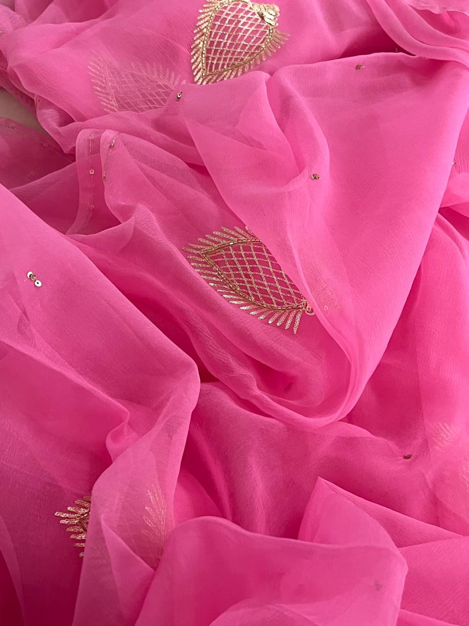 Pure Chiffon Emboridery  Saree  - Pink