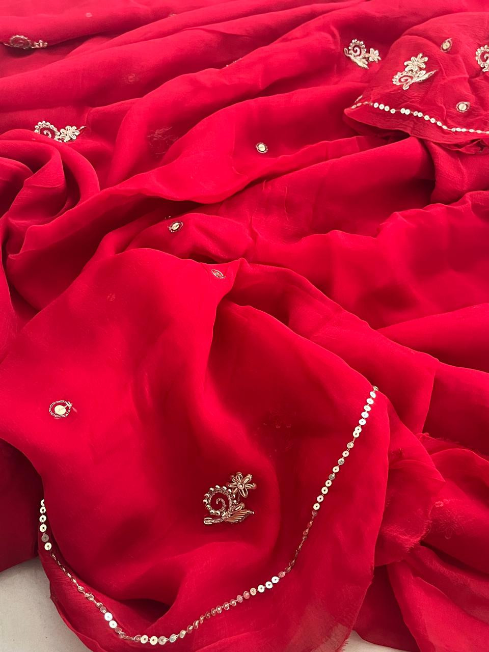 Pure Chiffon Emboridery Saree - Red