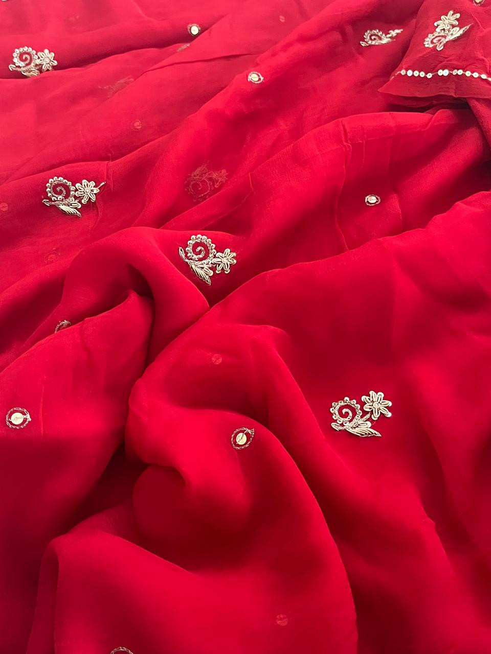 Pure Chiffon Emboridery Saree - Red