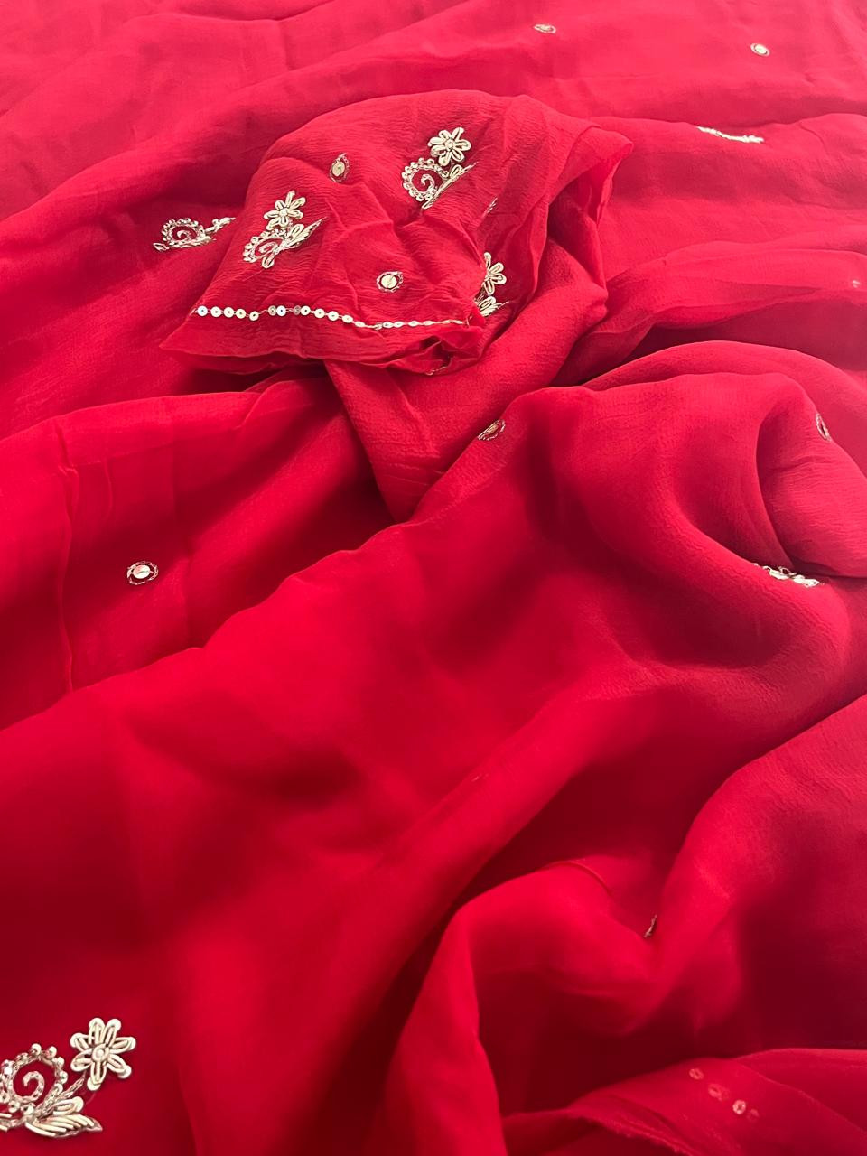 Pure Chiffon Emboridery  Saree  - Red