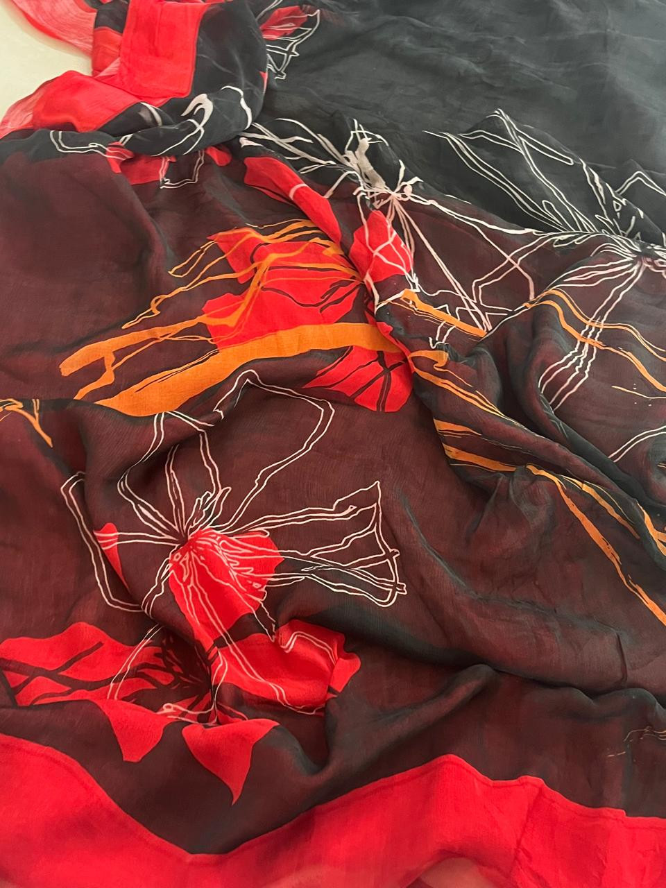 Chiffon Digital Print Saree With Satin Border - Black with Red