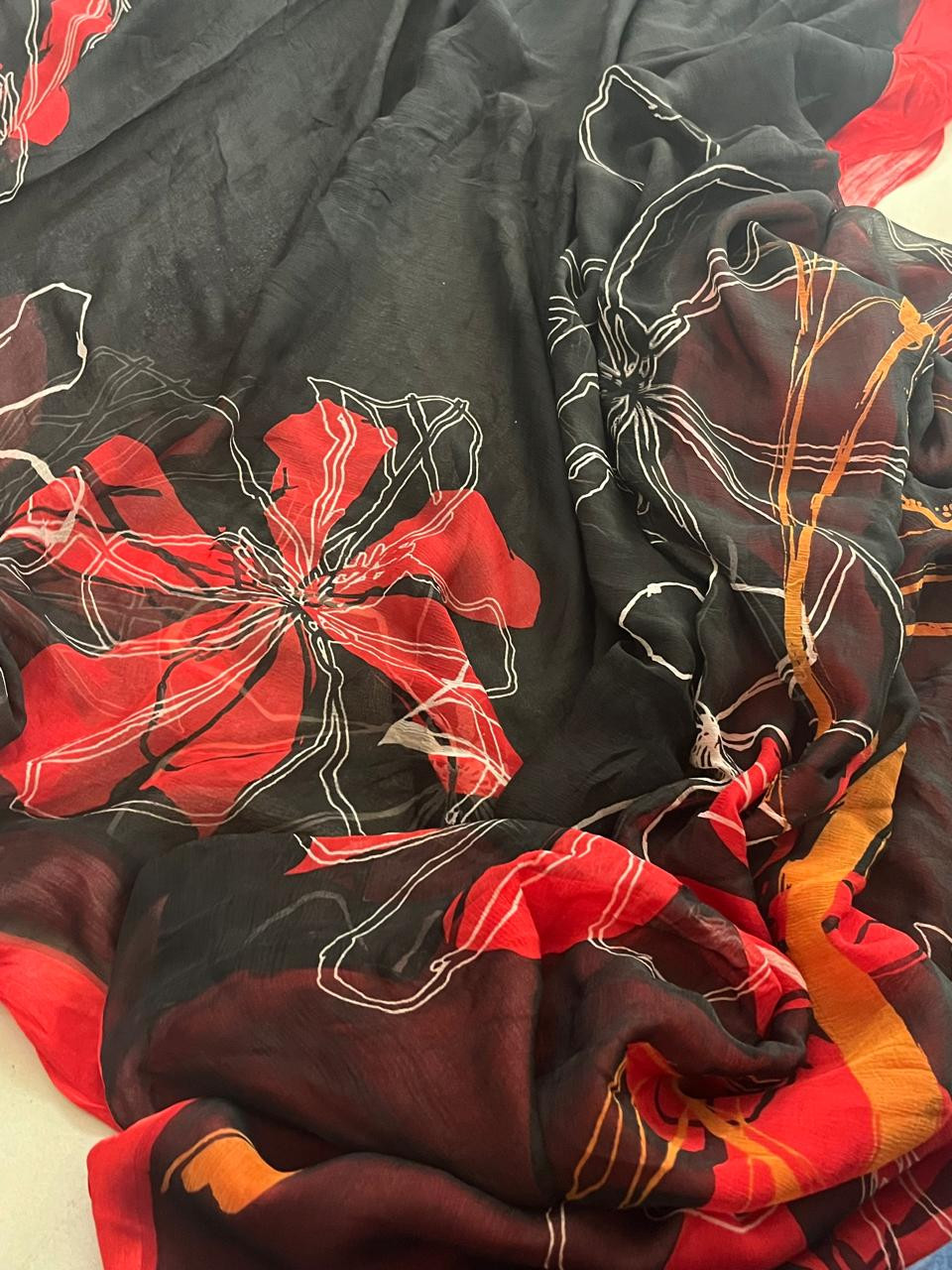 Chiffon Digital Print Saree With Satin Border - Black with Red