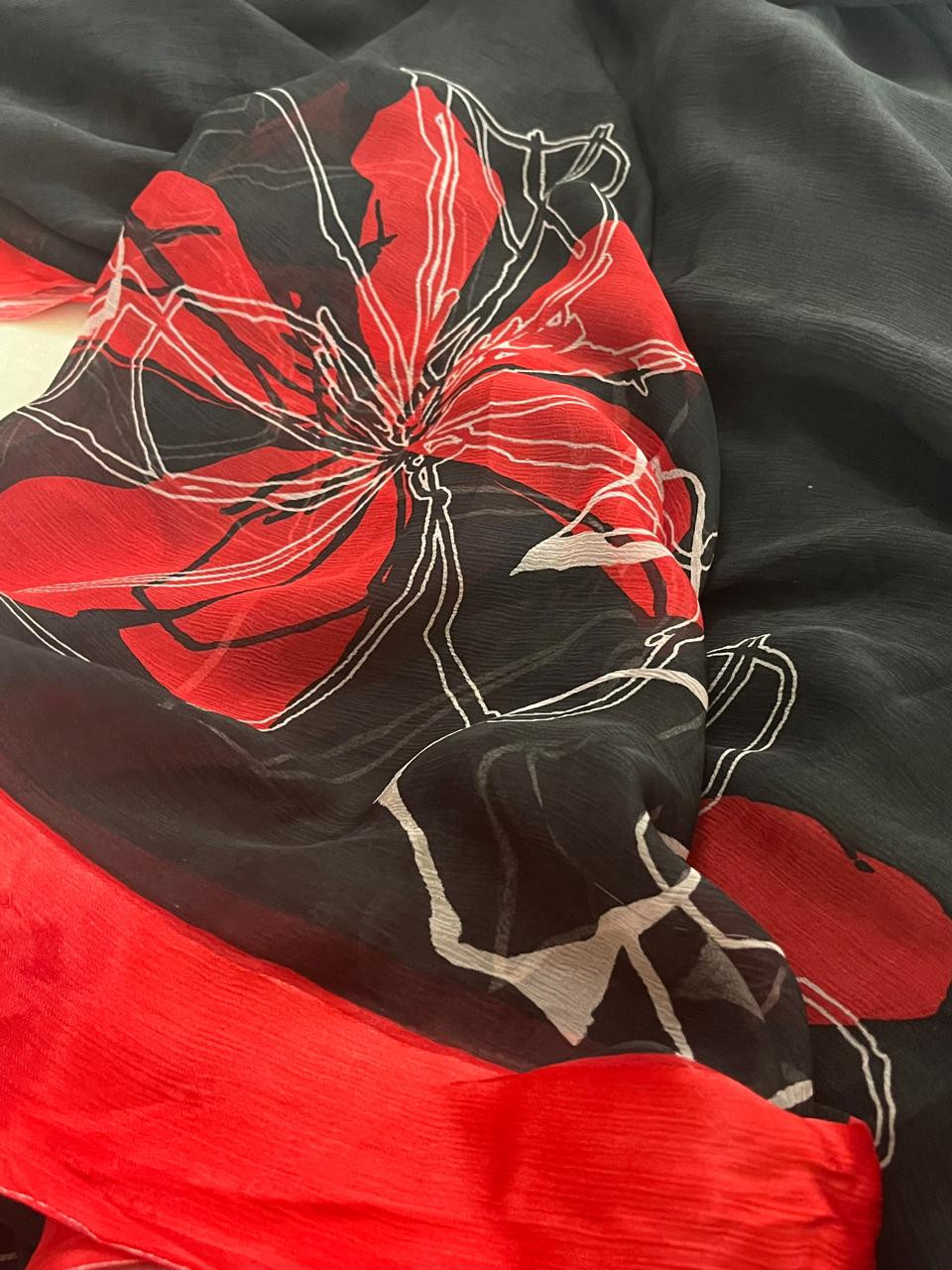 Chiffon Digital Print Saree With Satin Border - Black with Red