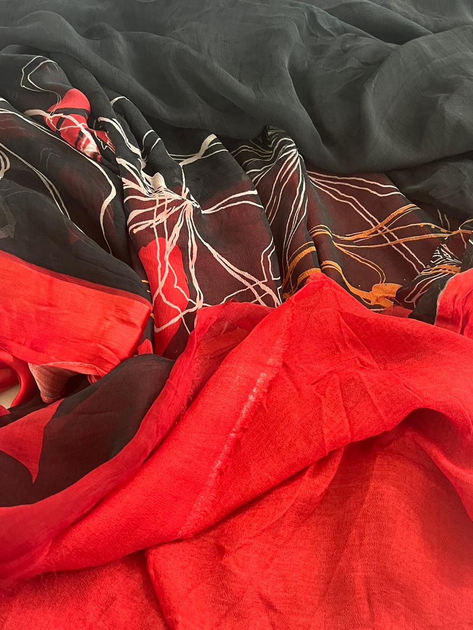 Chiffon Digital Print Saree With Satin Border - Black with Red