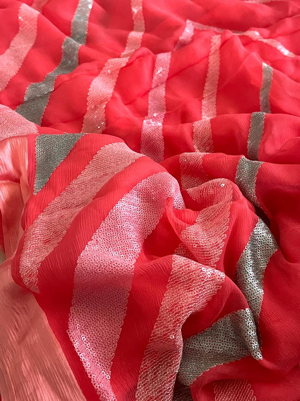 Pure Chiffon Sequin Work Saree - Peachish Pink