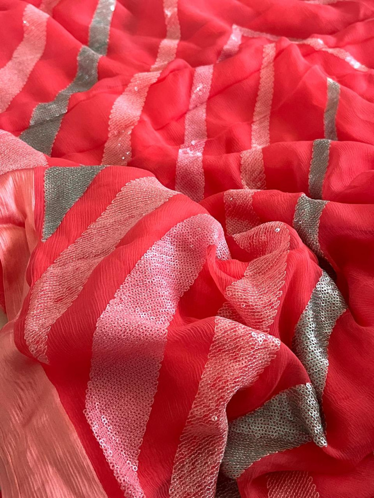 Image of Pure Chiffon Sequin Work  Saree  - Peachish Pink