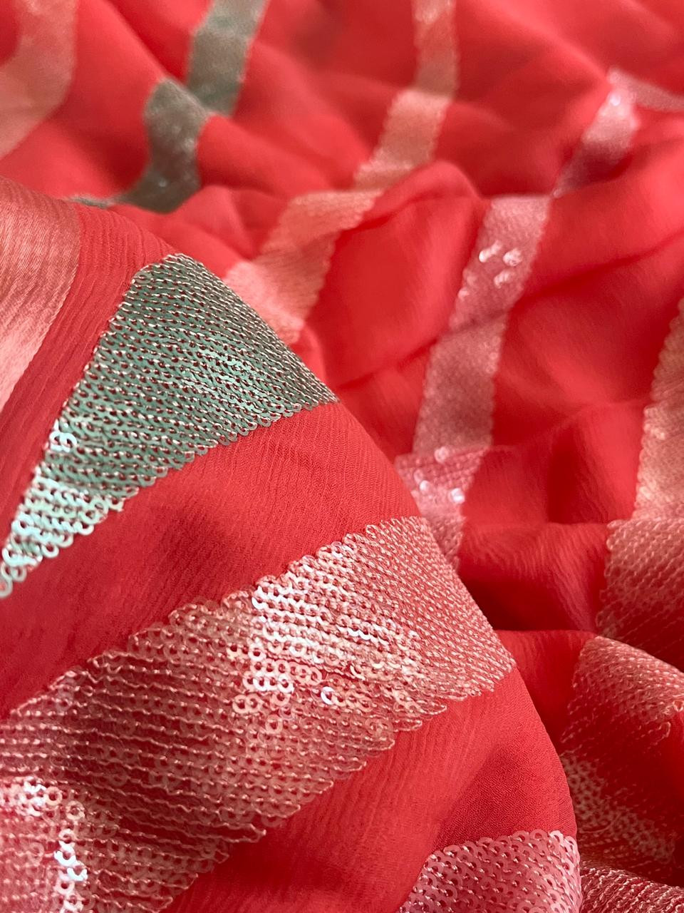 Pure Chiffon Sequin Work Saree - Peachish Pink