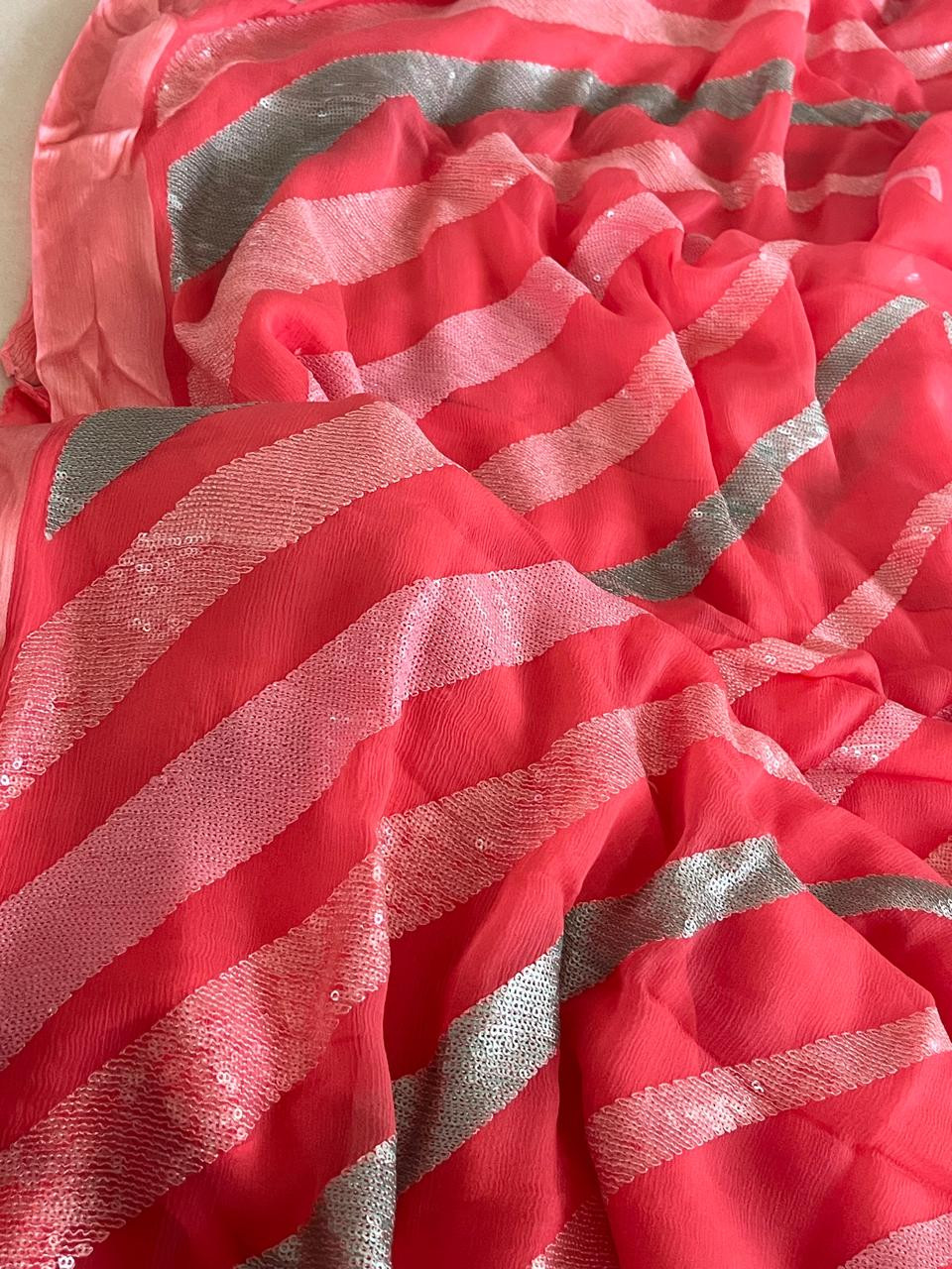 Pure Chiffon Sequin Work Saree - Peachish Pink
