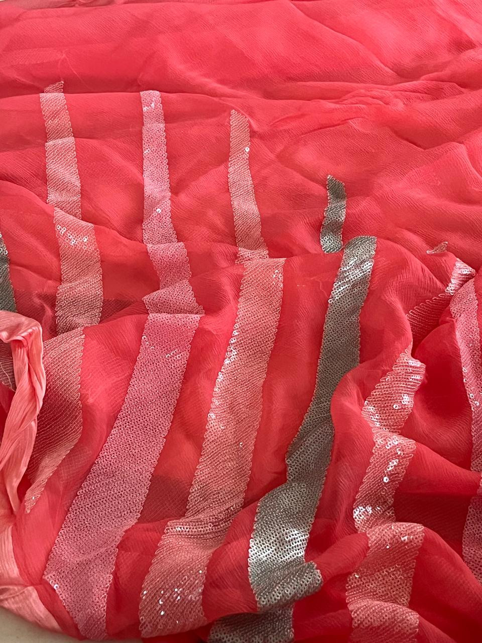 Pure Chiffon Sequin Work Saree - Peachish Pink