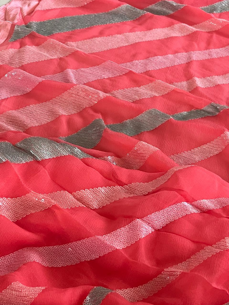 Pure Chiffon Sequin Work Saree - Peachish Pink