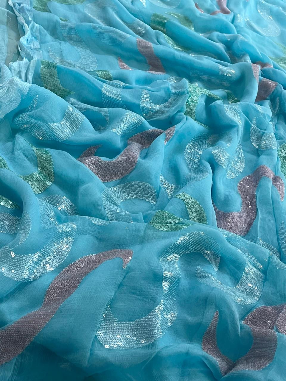 Pure Chiffon Sequin Work Saree - Blue