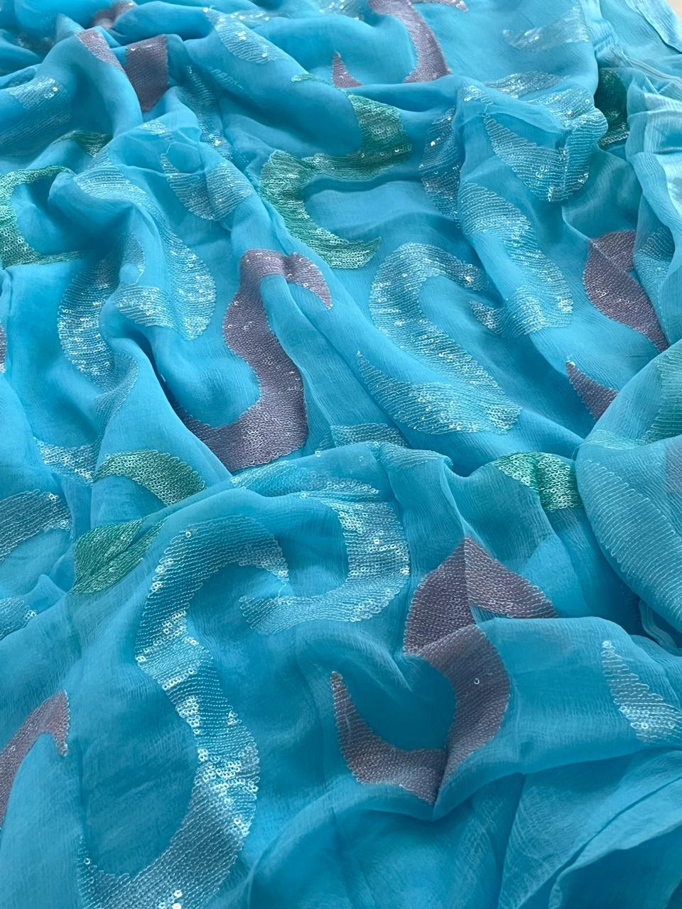 Pure Chiffon Sequin Work Saree - Blue