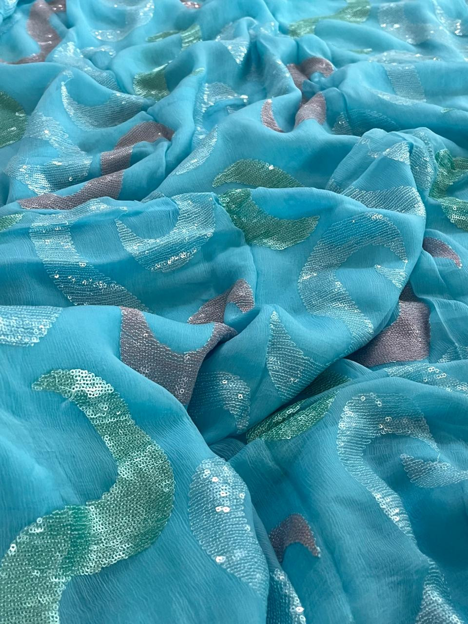 Pure Chiffon Sequin Work Saree  - Blue