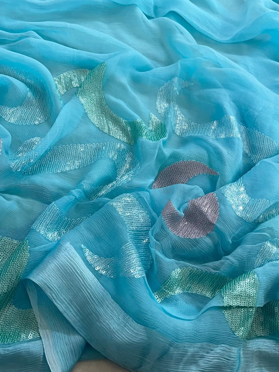 Pure Chiffon Sequin Work Saree - Blue