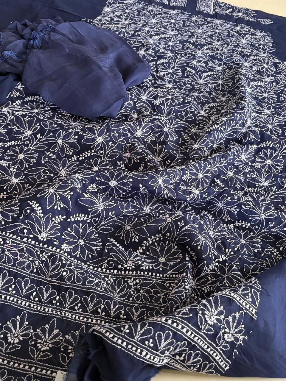 Chikankari Cotton Hand Embroidered 3 piece Suit - Navy Blue